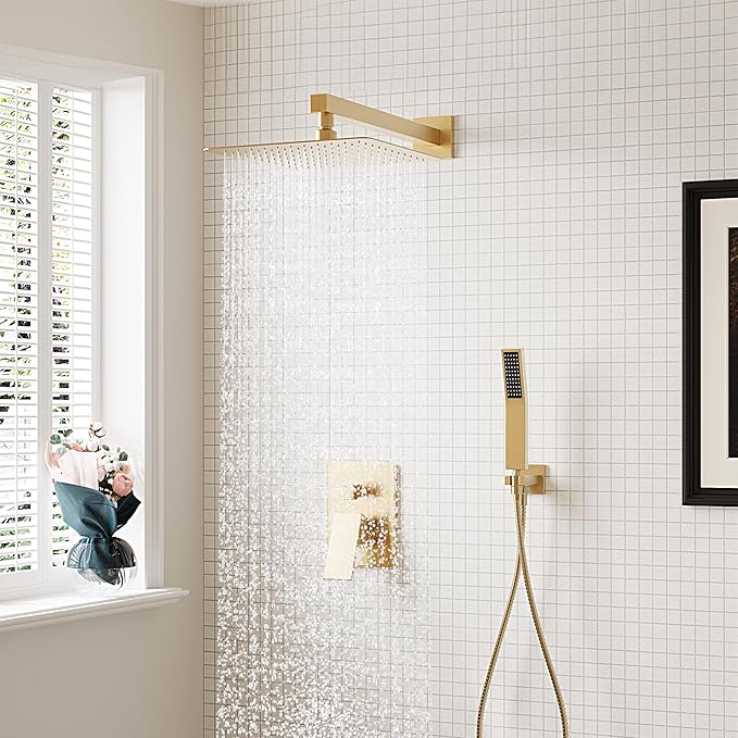 Gold Shower System, Shower Faucet Set with High Pressure 12 inch Shower Head and HandHeld, Wall Mounted Bathroom Shower Head Set,Shower Faucet Rough-in Valve and Trim Kit, Brushed,Gold