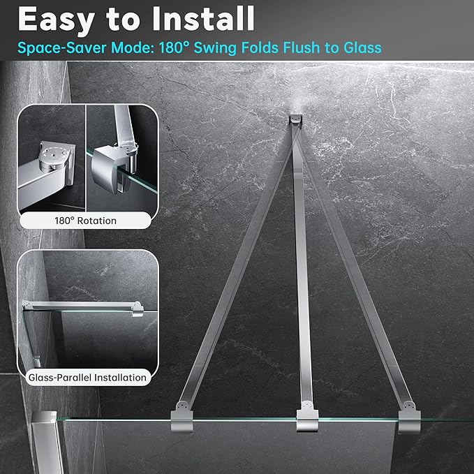 Frameless Shower Door Support Bar, Stainless Steel Wall-to-Glass Support Arm to Fixed Shower Glass Panel, for 1/4"-3/8" (6-10 mm) Door, 180° Pivot & Stow-Flat Mode (Chrome, 19.7-inch(500mm))