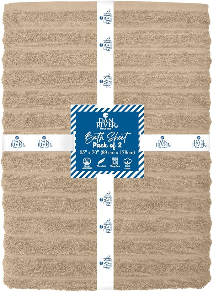 DAN RIVER Pack of 2 Bath Sheet 35x70 Inches, Ribbed Big Towels Oversized Extra Large Bath Towel, Absorbent Organic Cotton Towel - Tan