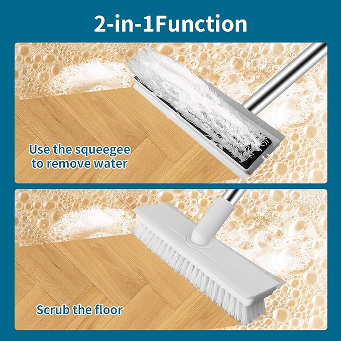 Floor Scrub Brush with Long Handle, 2 in 1 Scrape Brush Stiff Bristle Floor Scrubber for Cleaning Shower Bathroom Garage Kitchen Wall Deck Tub Tile (White, 1 Pack)
