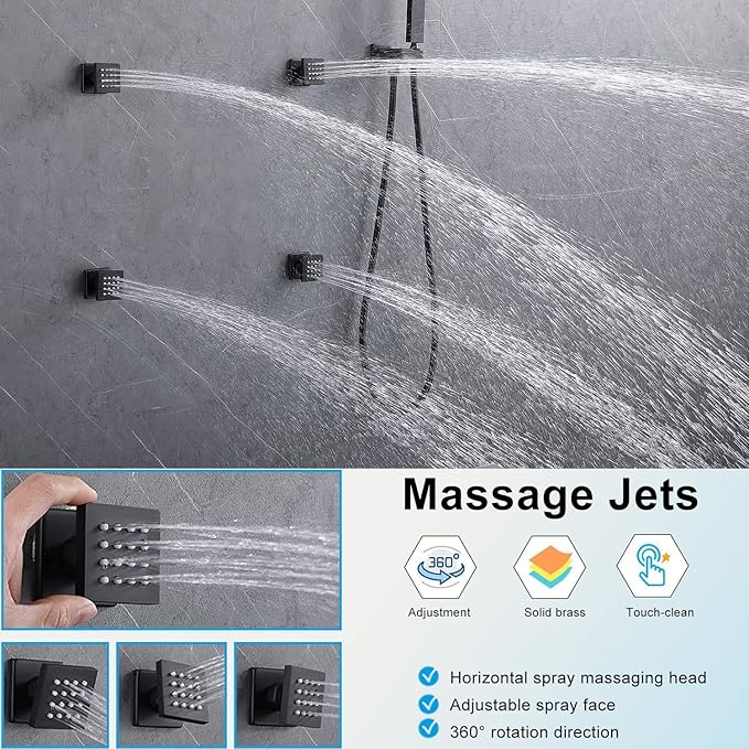 Rainfall Shower System with 12+8+8" Three Top Shower Heads, Body Jets and Handheld Shower,Matte Black Full Body Shower System with Digital Display Valve