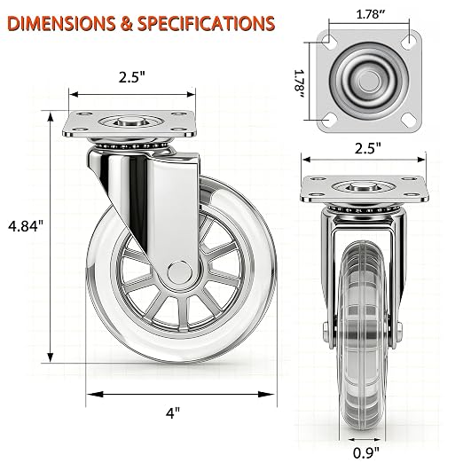4” Casters Wheels Set of 4, Swivel Castors, Heavy Duty Clear Wheels - Image 2