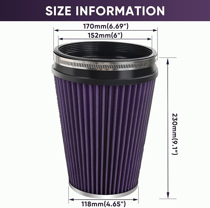 6" 152mm Cold Air Intake Filter Clamp-On Replacement High Flow Inlet Air Filter - Image 2