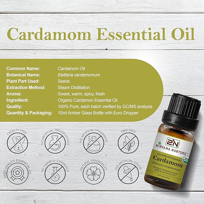 Cardamom Essential Oil USDA Certified Organic, 100% Pure Natural Premium Grade, Undiluted