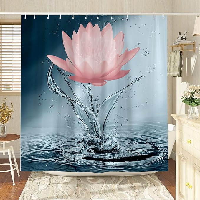 Lotus Shower Curtain Blue Red Flower Elegant Blooming Floral with Dew Spring Flower Reflection on Water Modern Romantic Polyester Fabric Bathroom Decor 86×70 Inch with Hook
