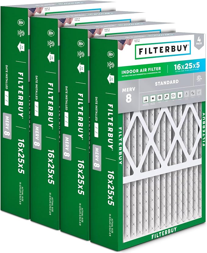 Filterbuy 16x25x5 Air Filter MERV 8 Essential Dust & Allergy Defense, Pleated by Filterbuy