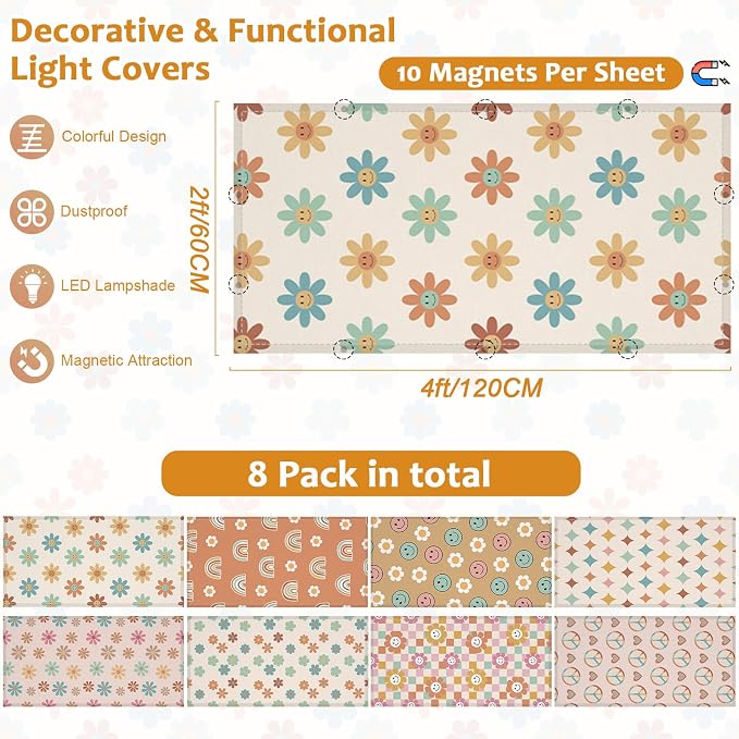 QOUBAI 8 Pcs Fluorescent Light Covers, 4 x 2 Ft Magnetic Light Filters Boho - Image 2