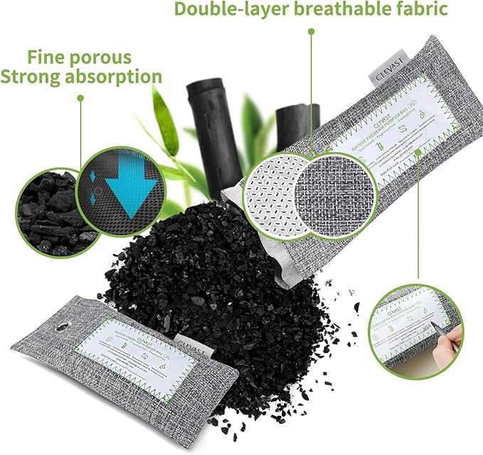 CLEVAST 6 Pack Activated Bamboo Charcoal Air Purifying Bags(6x60g), Natural Fresh Odor Absorber, Deodorizer and Moisture Eliminator, Air Purifier Bags for Home, Closet, Shoes, Car Air freshener