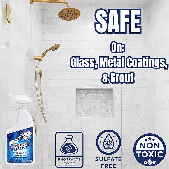 Black Diamond Stoneworks Natural Stone Shower Soap Scum Remover Spray. For Cleaning Bathtubs, Glass Doors, Tubs, Travertine, Marble, Tile. Heavy Duty, Safe Acid-Free Cleaner. Safe for fixtures.