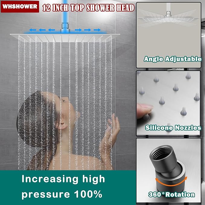 Brushed Nickel Shower System with 12+8+8" Three Top Shower Heads, Full Body Shower System with Temperature Display,Handheld Sprayer and Body Jets Shower Set