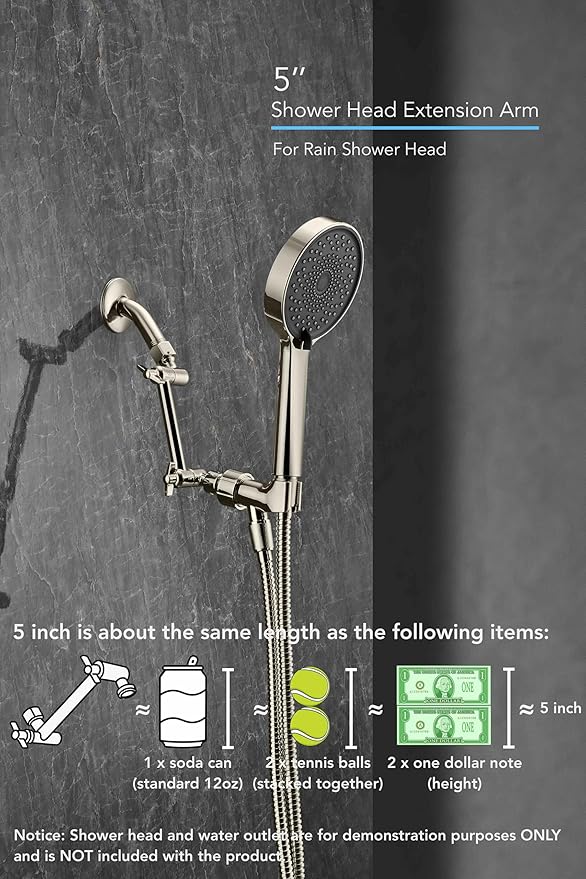 5 Inch Adjustable Shower Head Extension Arm With Locking Set Screw, Singing Rain Brass Nickel Brushed Angle Height Adjustable, Easy To Install, G1/2 Universal Connector Compatible (Nickel Brushed)