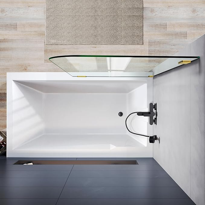 Bathtub Shower Door, 30" W X 58" H Fixed Tub Glass Panel with Clamps, 1/4"(6mm) Clear Tempered Frameless Shower Glass Door, Tub Shower Doors in Brushed Gold