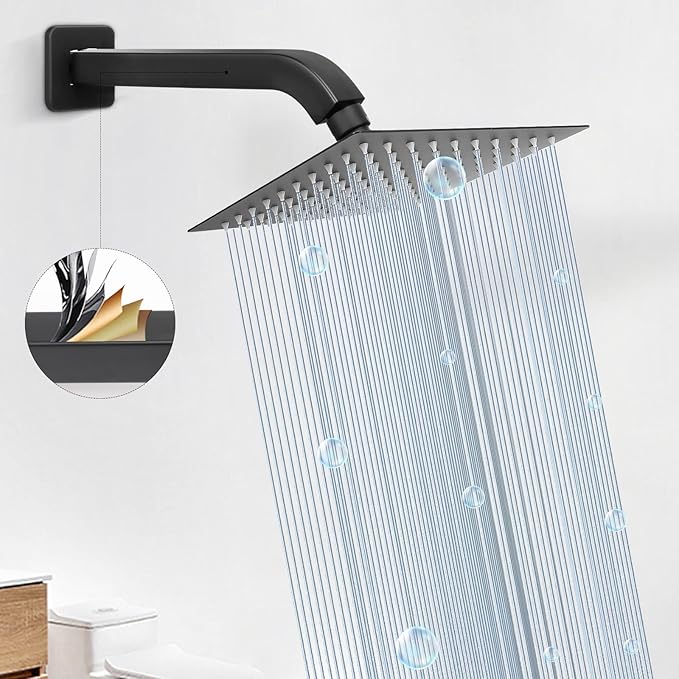 HarJue Shower Arm with Flange and Teflon Tape, Wall Mounted Square Shower Pipe 304 Stainless Steel Extension Arm for Fixed Shower Head & Handheld Shower (10 Inch, Matte Black)