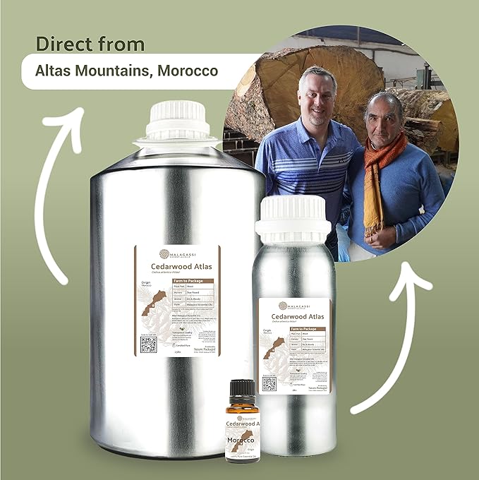 Pure Cedarwood (Atlas) Essential Oil (15ml) - Direct from Malagassi Essential Oils Farm in Morocco - Essential Oils for Diffusers and Aromatherapy | Pure Therapeutic Grade