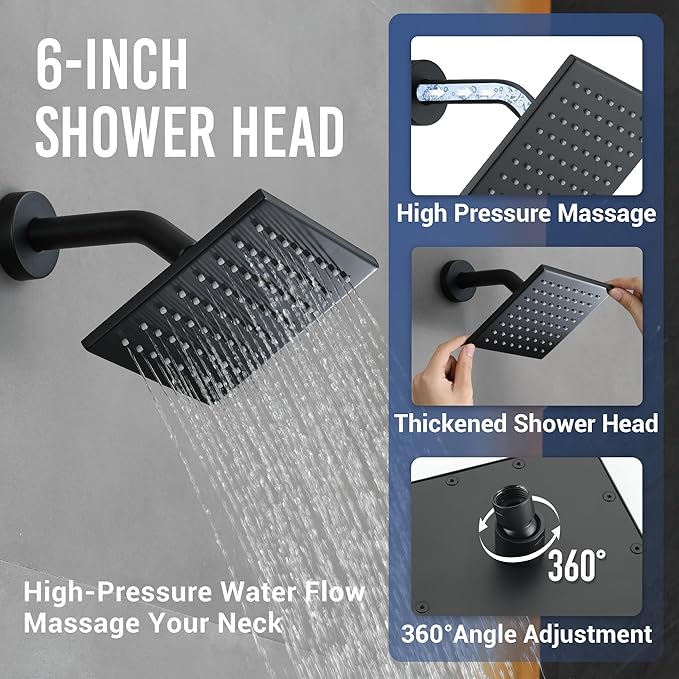 Matte Black Thermostatic Shower System with Body Jets, Ceiling 16” Rainfall Shower & Wall Mount 6-Inch Shower Head Luxury Shower Faucet Set with Handheld Spray, Dual Shower Heads Set