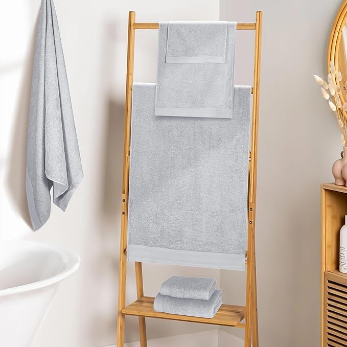 Ultra Soft 6 Pack Cotton Towel Set, Contains 2 Bath Towels 28x55 inch, 2 Hand Towels 16x24 inch & 2 Wash Coths 12x12 inch, Ideal Everyday use, Compact & Lightweight - Light Grey