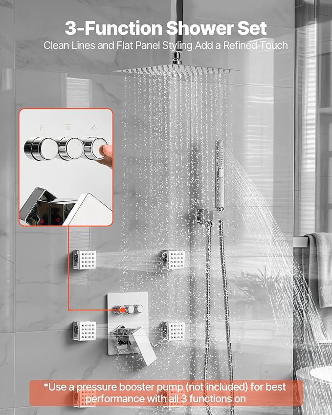 VEVOR Shower Faucet Set, 10 Inch Ceiling Mount Rainfall Shower System with 6 Body Jets and 2 in 1 Handheld Spray, Rotatable 3-Function Rain Head System Set, Complete Brass Valve and Trim Kit, Chrome
