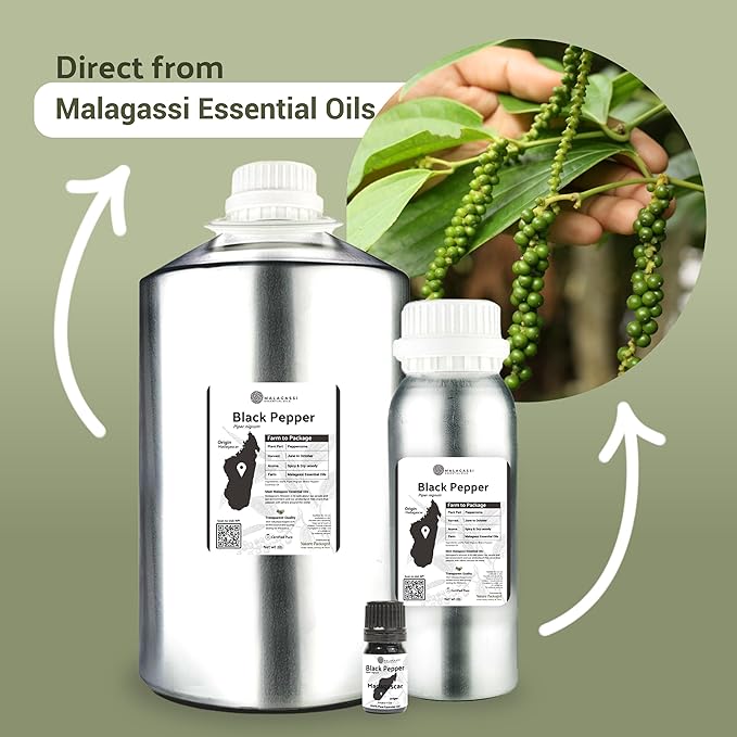 Black Pepper Essential Oil - Direct from Madagascar Farms - Steam Distilled - Aceite Pimienta Negra for Aromatherapy, Massage, Diffuser, DIY Candle and Soap Making - 2lbs