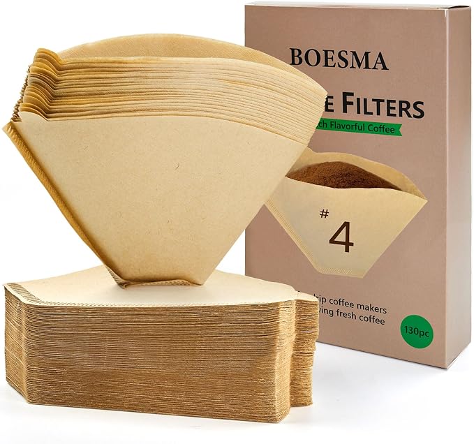 130 Count #4 Cone Coffee Filters 8-12 Cup, Unbleached Natural Paper, Disposable by Boesma