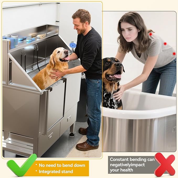 DWVO Professional 50in Dog Bathing Station, Stainless Steel 304 Pet Grooming Tub w/Right Door Ramp, 2 Storage Drawers & Grate, Pet Washing Station for Small, Medium, Large Dogs