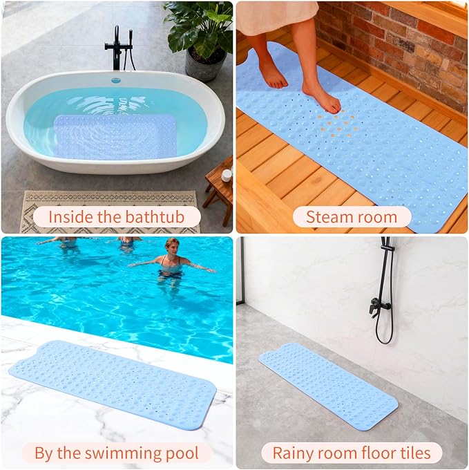 Anti-Slip Bathtub Shower mat, 39.3×15.7 inch（Approximately 100 × 40cm） Soft Oversized Machine Washable Non-Slip Bathtub mat with Drainage Holes, Bathroom Floor Suction Cup.（1-Opaque Light Blue）