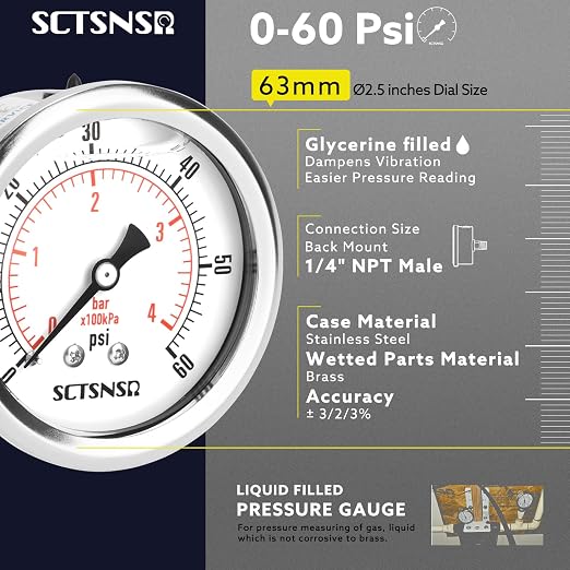 2-1/2" Dial Size, 0-60 Psi Low Pressure Gauge, Glycerin Liquid Filled, 1/4" NPT - Image 2