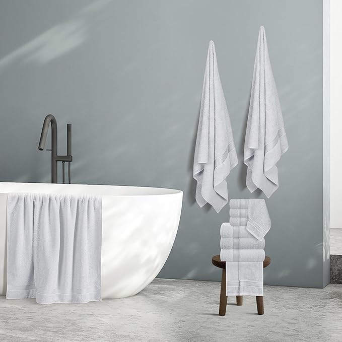 Belizzi Home 100% Cotton Towel Set, Contains 6 Soft Bath Towel, 6 Hand Towels, 12 Wash Cloths - Compact Absorbent Lightweight & Quickdry Towels for Bathroom - 24 Piece Bathroom Towel Set - Light Grey