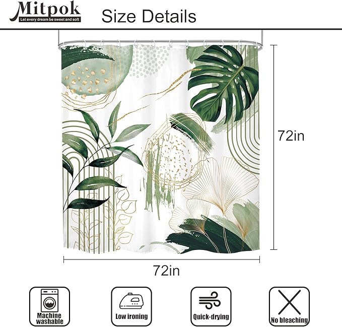 4 PCS Sage Green Boho Shower Curtain Set 72Wx72H, Non-Slip Bath Rug Toilet Lid Cover and U Shape Mat Modern Tropical Palm Leaves Complete Bathroom Set Accessories with 12 Hooks Bathroom Decor
