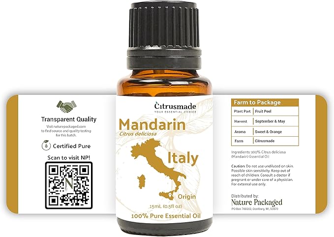 Pure Mandarin Essential Oils - Direct from Citrusmade Italy for Diffusers, Aromatherapy, Home Fragrance & Bath - Natural Aceite de Mandarina for Massage (15ml)