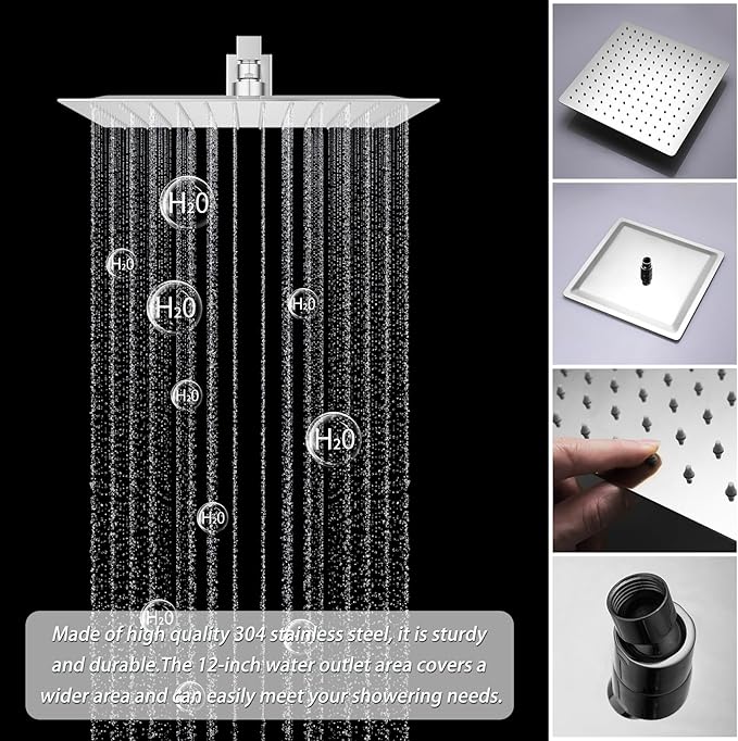 Bathroom Shower Faucet Set Brushed Nickel 12 Inch Wall Mounted Rainfall Shower Head System, Temperature Digital Display Shower Faucet with Handheld Spray, 4 PCS Body Jets