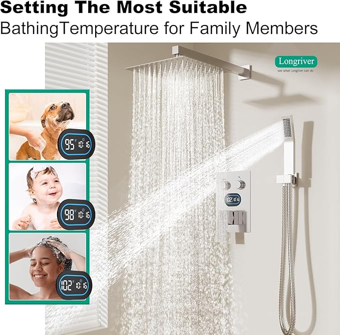 Push Button Diverter Shower Faucet Set Hydro Power Temperature Display, Shower System 12 Inch Shower Head with Handheld Spray, Wall Mounted Shower Fixtures with Valve and Trim Kit, Brushed Nickel
