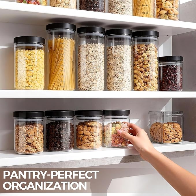 Danbark Set of 6 Mixed Sizes Airtight Glass Storage Canisters with Lids - Pantry Organizers and Storage Glass for Kitchen - for Pantry, Flour, Sugar, Coffee, Tea, Pasta, Rice, and Snacks - Black