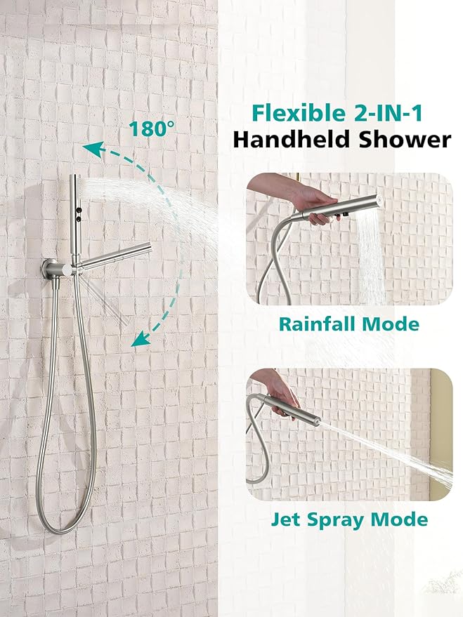 Lefton Shower System in Fahrenheit Display (Battery-free), 13” Overhead Round Rainfall Shower Head with All-in-one Handheld Spray Showerhead, 4-in-1 Control System, SSWM2501 (Brushed Nickel)