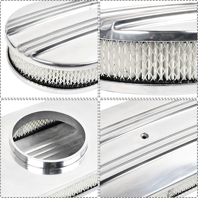 15" Polished Aluminum Air Cleaner Assembly Kit Alloy Oval Partial Half Finned - Image 3