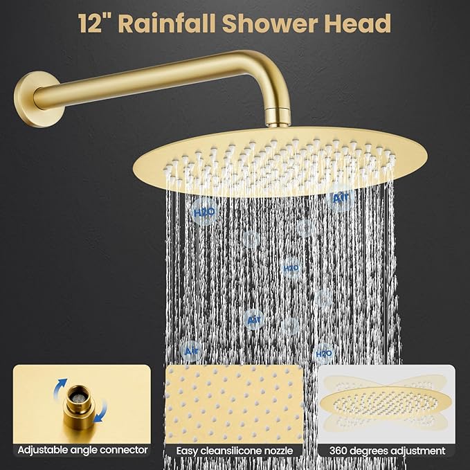 Airuida Shower Fixtures 2 Functions Shower Faucet Set Wall Mounted for Bathroom High Pressure Brass Handheld Shower with Rough-in Valve Round Rainfall 12 Inch Shower Head Brushed Gold