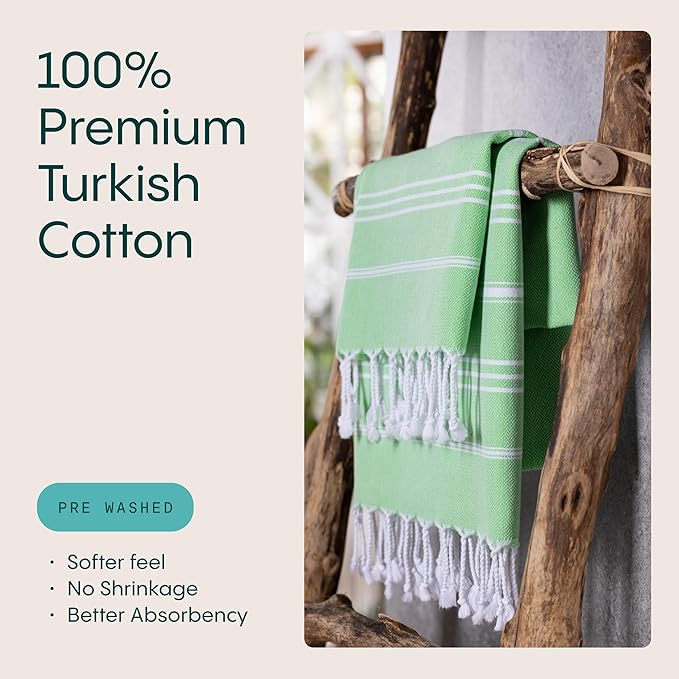 WETCAT Turkish Hand Towels with Hanging Loop, Set of 2 (20" x 30") 100% Turkish Cotton, Pre-Washed, Quick Drying, for Kitchen or Bathroom - Lime Green