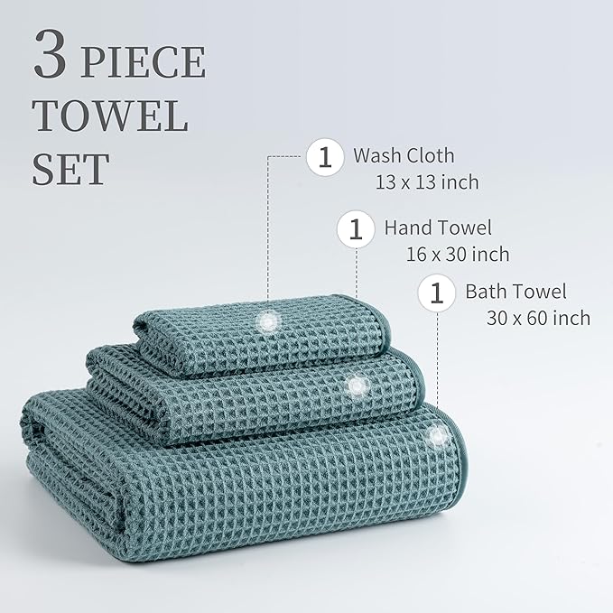 New Microfiber Waffle Bath Towels, 3 Pieces, Oversized, Soft, Absorbent, Fast Drying, Lint Free, Includes Bath, Face and Hand Towels