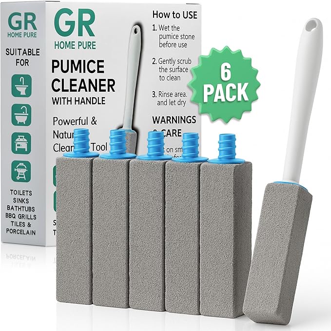 Pumice Stone Toilet Bowl Cleaner with Handle (6-Pack) – Hard Water Stain & Toilet Ring Remover – Natural Volcanic Stone Cleaner