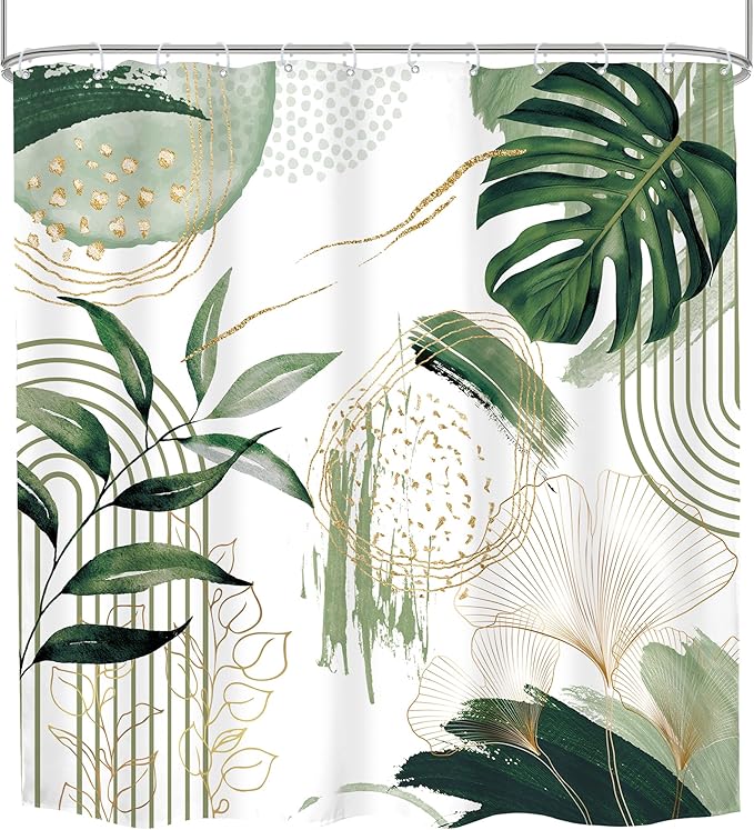 Sage Green Boho Shower Curtain Mid Century Modern Abstract Tropical Palm Leaves Minimalist Gold Olive Geometric Plant 72Wx72H Bathroom Decor Bath Curtain Liner Fabric Polyester 12 Pack Hooks