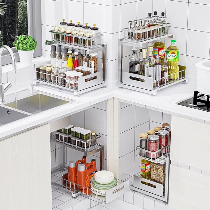 2 Pack Under Sink Organizer, Heavy Duty Meta Slide Out Sink Shelf Organizer Height Adjustable, Multi-Purpose Storage Shelf for Kitchen Bathroom (Silver,2Pack)