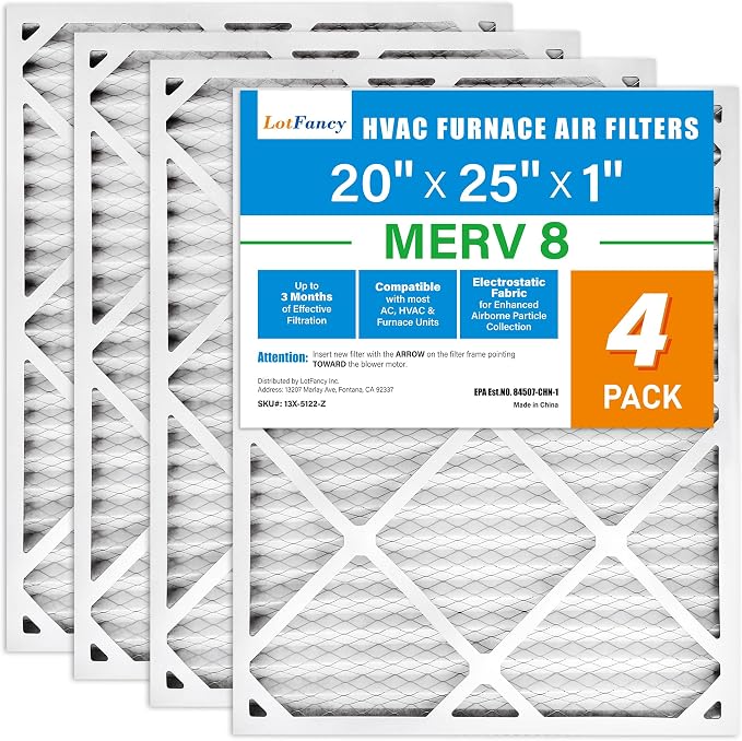 LotFancy 20x25x1 Air Filter MERV 8 4-Pack, Electrostatic Pleated Furnace & AC by LotFancy