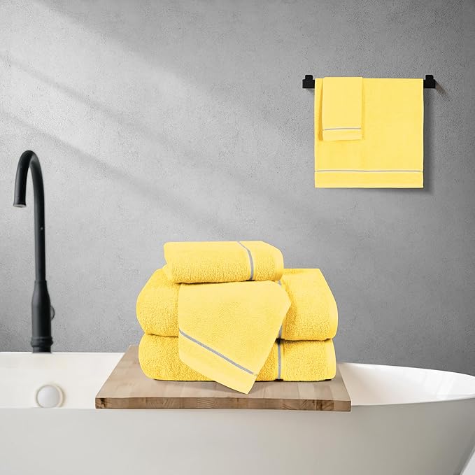 MyOwn Ultra Soft 6 Pack Cotton Towel Set, Contains 2 Bath Towels 28x55 inch, 2 Hand Towels 16x24 inch & 2 Wash Coths 12x12 inch, Ideal Everyday use, Compact & Lightweight - Lime Yellow