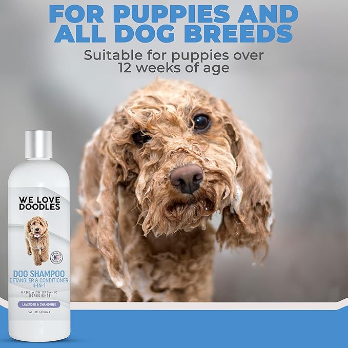 We Love Doodles Pet Rubber Bath Brush and Dog Shampoo (Bundle) - For Shower Scrubbing & Soothing Massage and Organic Dog Shampoo, Conditioner & Detangler - Made in the USA