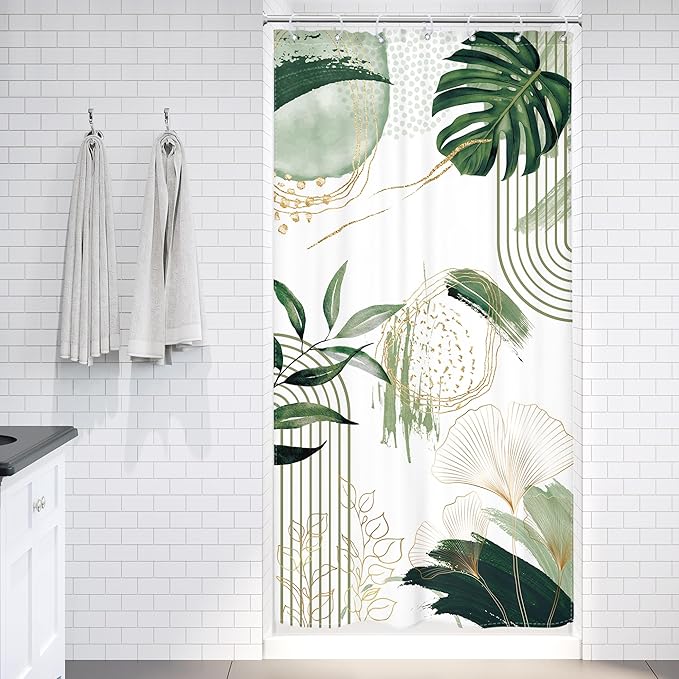Small Stall Boho Shower Curtain 36Wx72H RV Sage Green Modern Mid Century Bohemian Abstract Palm Leaves Tropical Bathroom Decor Half Narrow Standing Bath Curtain Fabric Polyester 7 Pack Hooks
