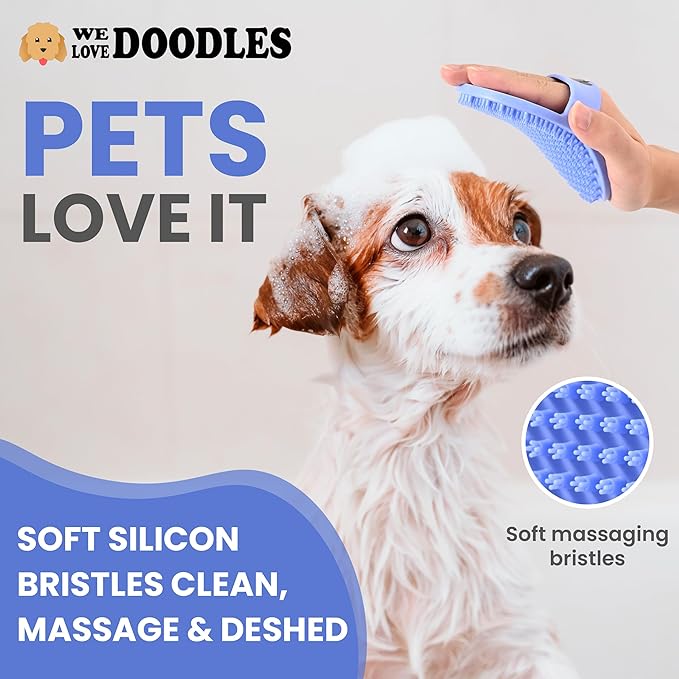 We Love Doodles (Short Pins) Pet Rubber Bath Brush and Dog Shampoo (Bundle) - for Shower Scrubbing & Soothing Massage and Organic Dog Shampoo, Conditioner & Detangler - Made in The USA