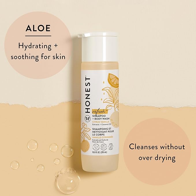 The Honest Company 2-in-1 Cleansing Shampoo and Body Wash Face Lotion Bundle Gentle for Baby Naturally Derived Citrus Vanilla Refresh 18.5 fl oz