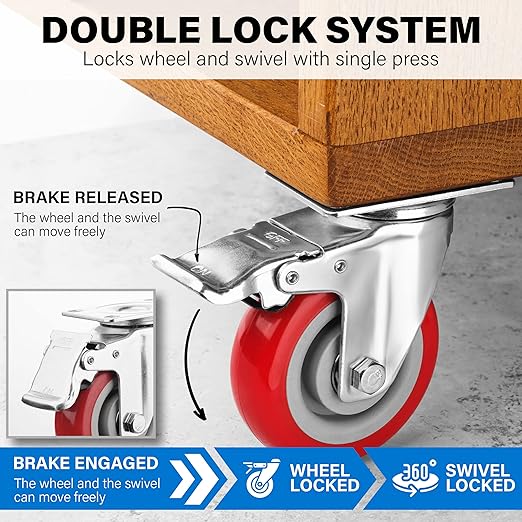 4 Inch Caster Wheels Heavy Duty Casters Set of 4 Lockable Cart Wheels - Image 2