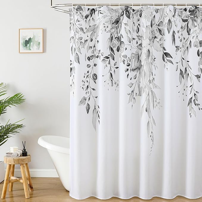 Colorful Star Grey Eucalyptus Waterproof Shower Curtain Set with Hooks, Minimalist Watercolor Floral Print Bathroom Décor, Plant Leaves Washable Fabric Shower Curtain, 72 x 78 Inch