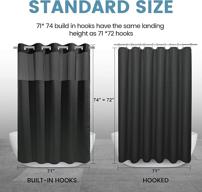 Black Shower Curtain with Liner - 230GSM Waffle Textured Heavy Duty Shower Curtains for Bathroom,71W x 74H