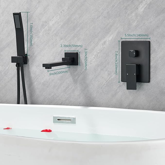 DASAN Swiveling Wall Mount Tub Filler Faucet Set with Hand Held Shower, Matte Black Modern Creative Bathtub Faucet Wall Mounted Bath Tub Faucet with High Flow Rough in Valve, SA-TF05WH-MB